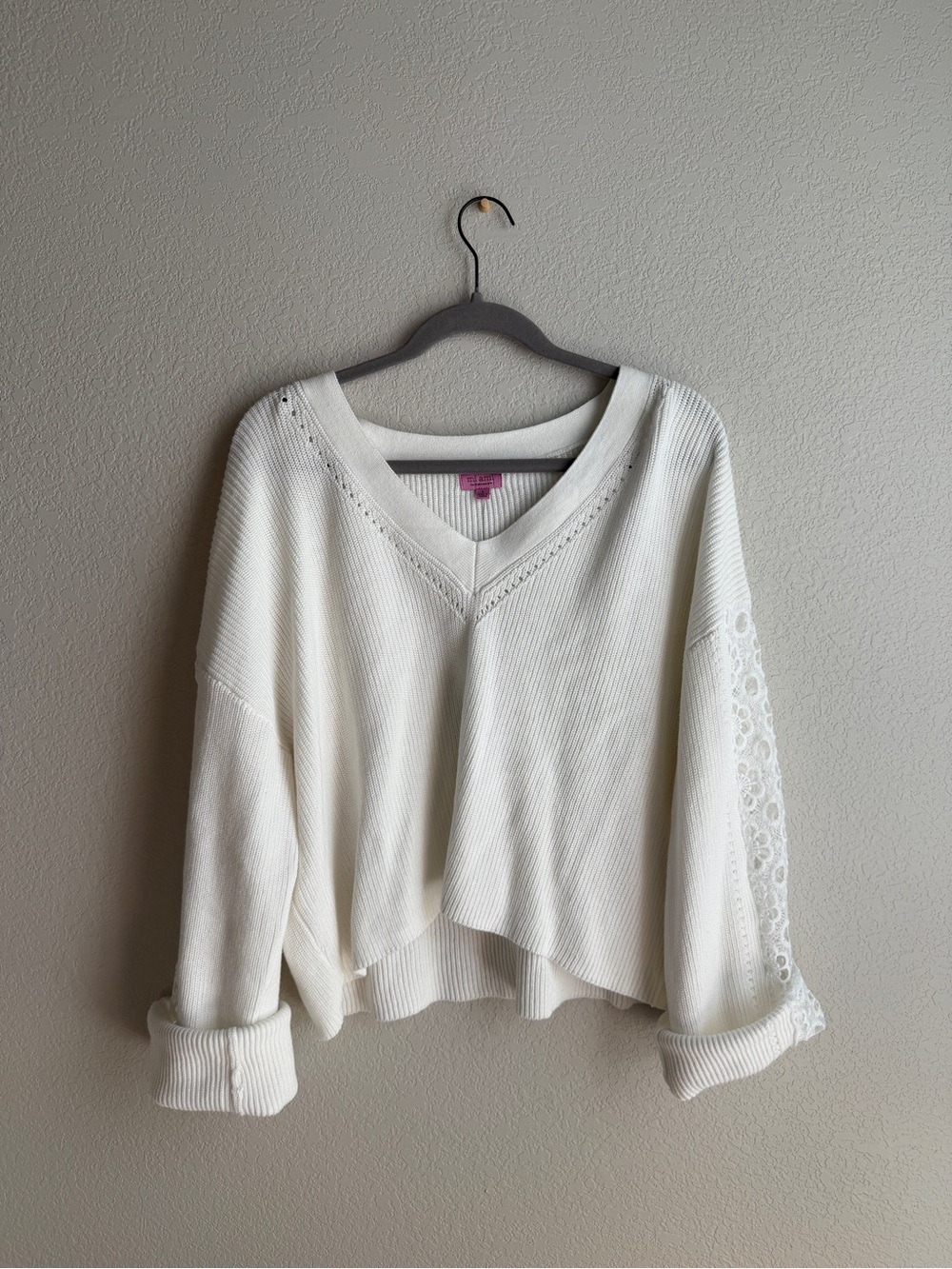Francesca's White V‑Neck Knit Top with Eyelet Trim